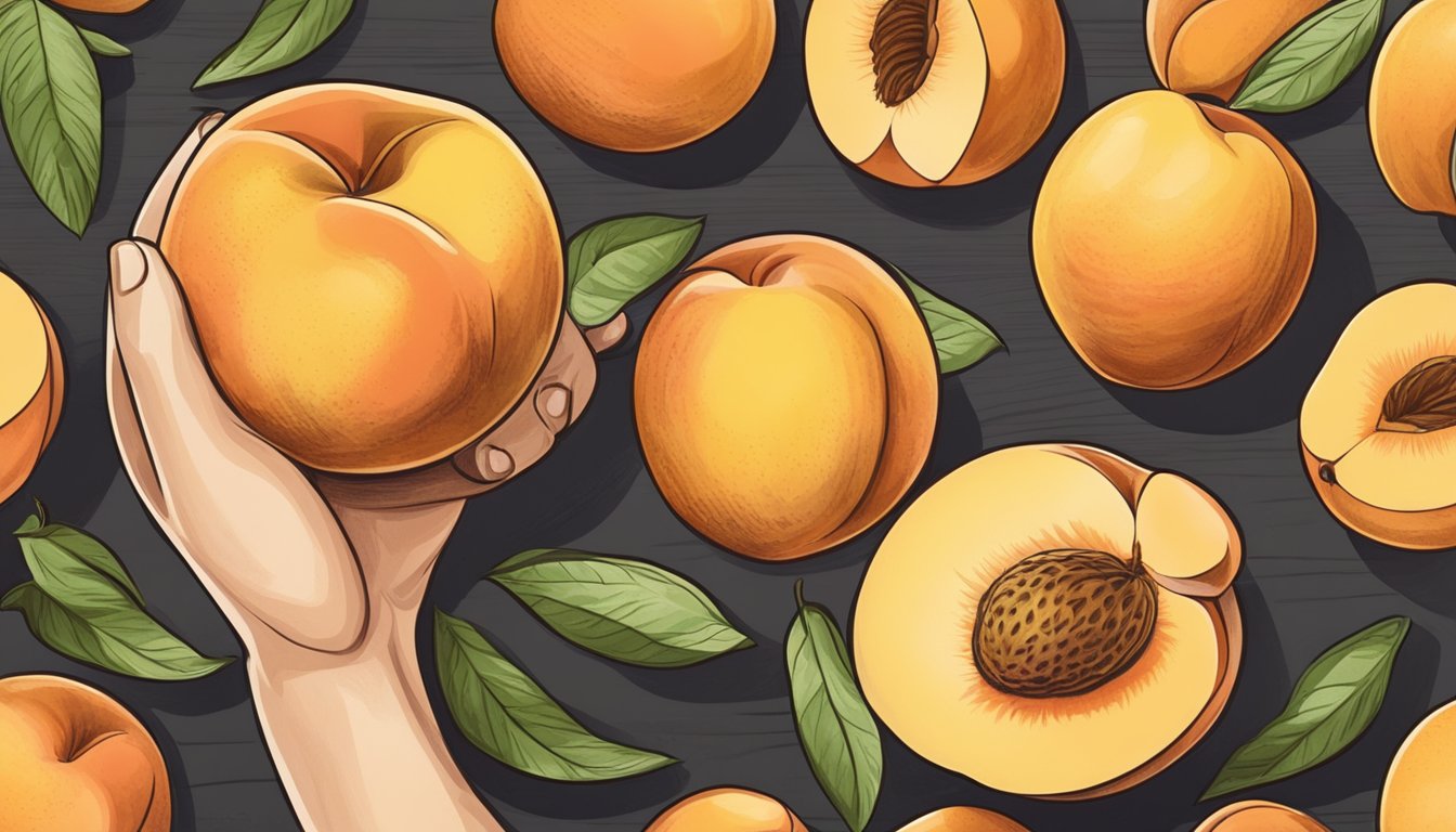 A hand holding a ripe yellow peach, with a soft texture and sweet aroma. A few peaches are arranged on a wooden cutting board