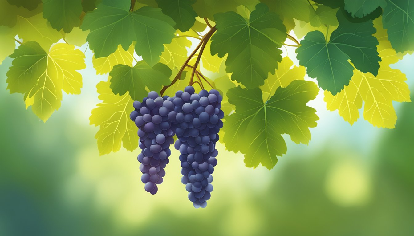 A cluster of ripe Thompson Seedless grapes hanging from a vine, surrounded by lush green leaves and bathed in warm sunlight