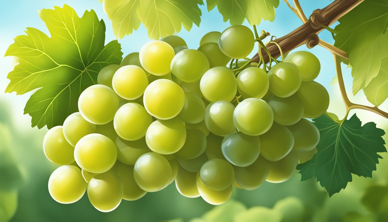 A cluster of ripe Thompson seedless grapes hanging from a vine, surrounded by green leaves and bathed in warm sunlight