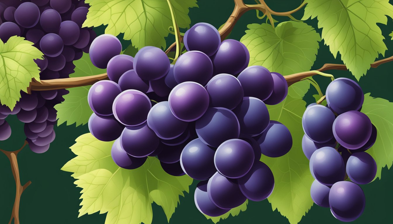 Ripe Thompson Seedless grapes on the vine, deep purple in color, plump and juicy, surrounded by green leaves