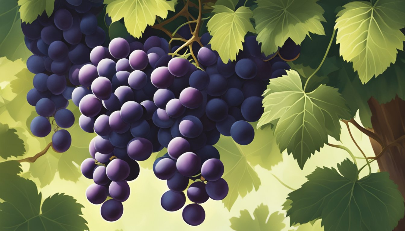 A cluster of deep purple concord grapes hangs from a vine, surrounded by green leaves and bathed in sunlight