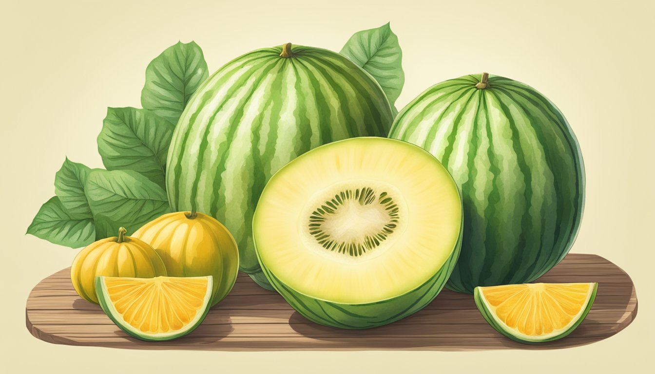 A Santa Claus melon sits on a wooden table, surrounded by a few other fruits. Its skin is a pale yellow with faint green stripes, and it emits a sweet aroma