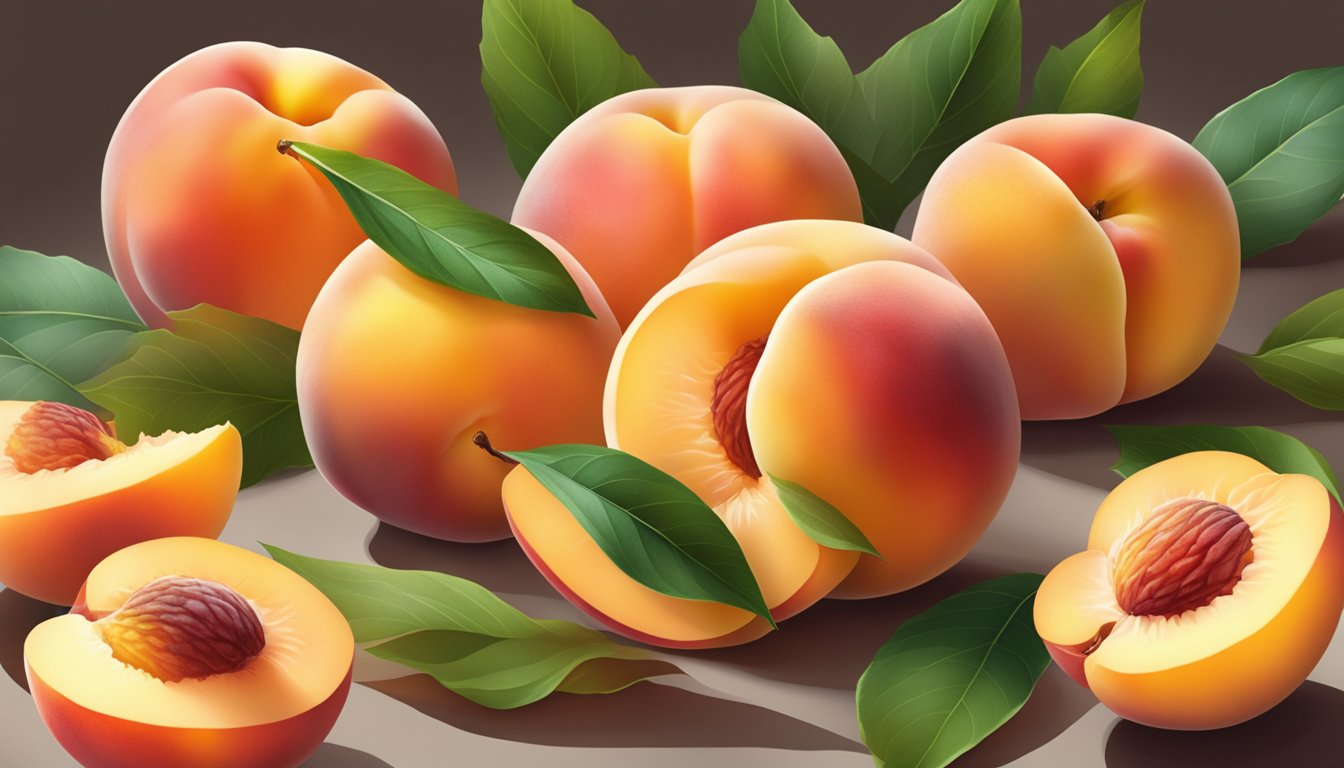 A cluster of ripe peaches, one sliced open to reveal juicy flesh, surrounded by a few fallen leaves and a gentle beam of sunlight