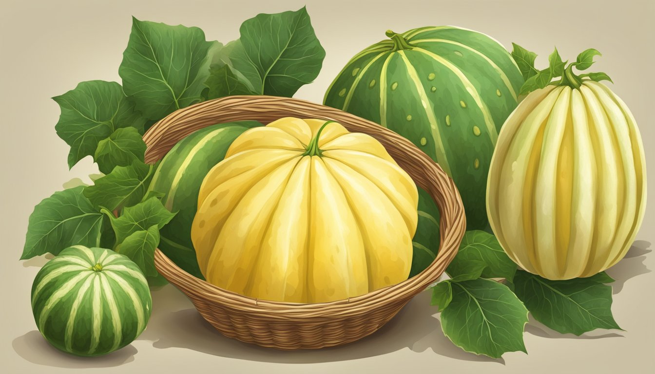 A ripe Santa Claus melon sits on a vine, its skin a creamy yellow with a slightly sweet aroma. Nearby, a basket holds harvested melons