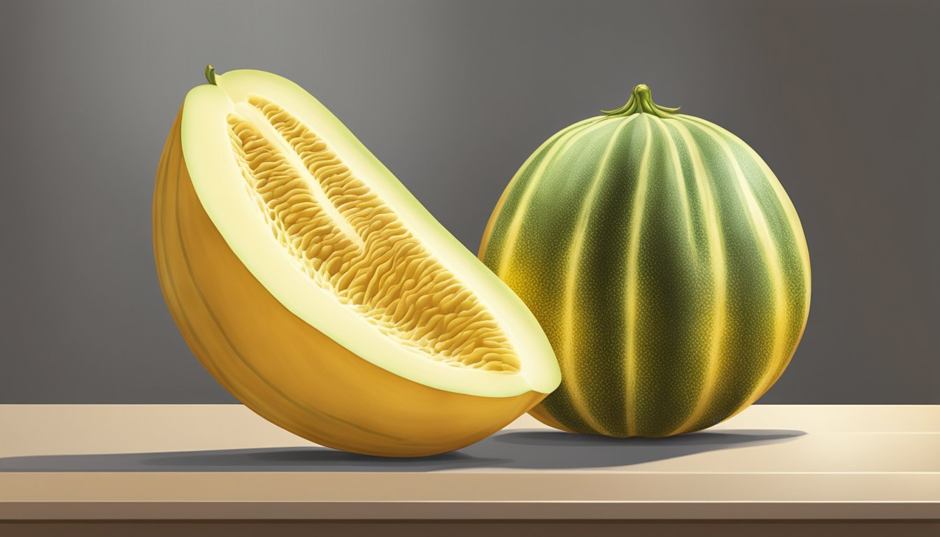 A ripe Santa Claus melon sits on a kitchen counter, its smooth, golden skin emitting a sweet aroma. The melon is firm to the touch, with a slight give when pressed