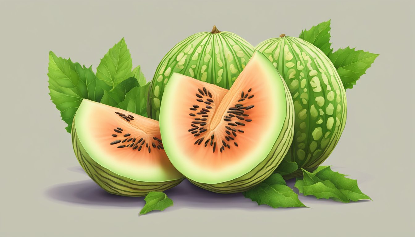 A galia melon sliced open, showing its ripe, juicy flesh and seeds. The vibrant green skin contrasts with the sweet, fragrant fruit