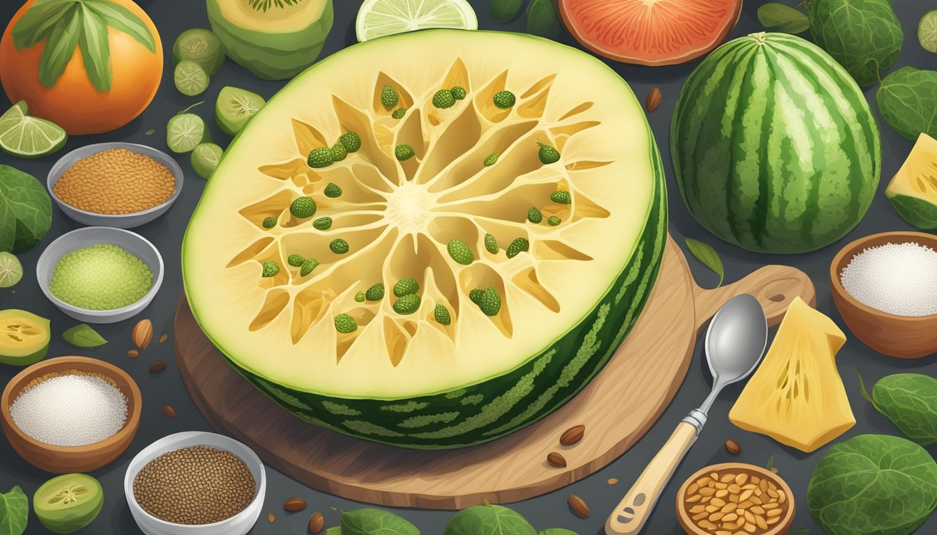 A Santa Claus melon cut open with seeds visible, surrounded by a variety of fresh ingredients and kitchen utensils for preparing a recipe