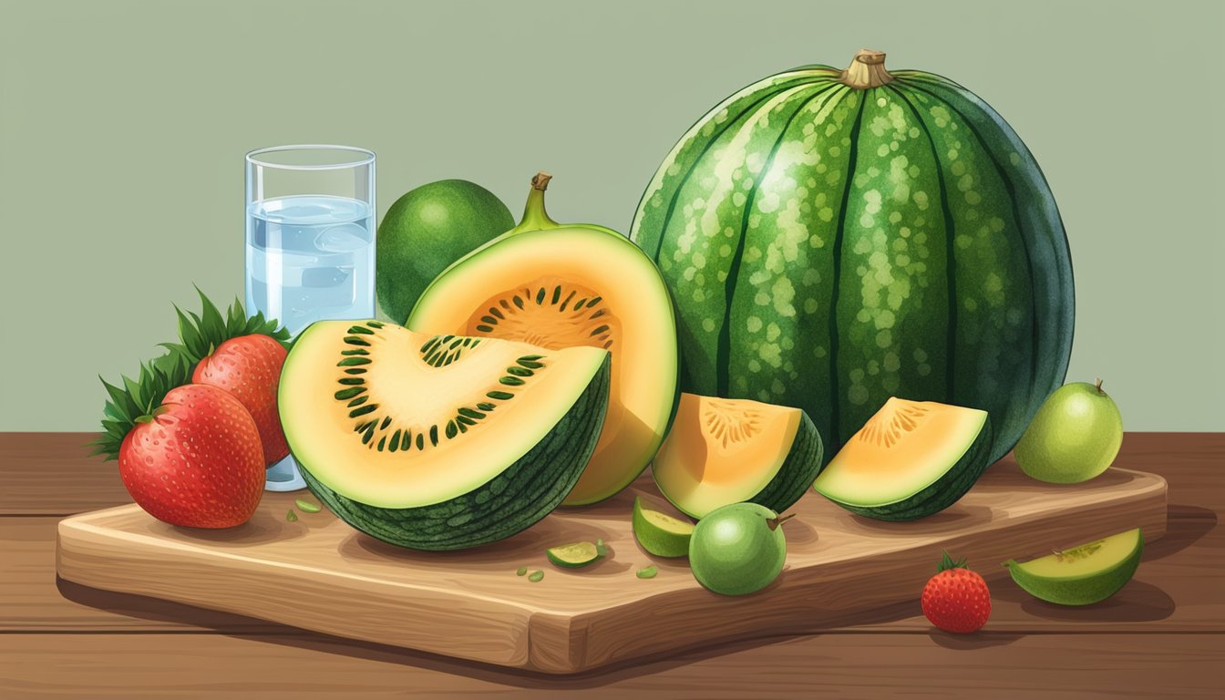 A ripe Santa Claus melon sits on a wooden cutting board, surrounded by a variety of fresh fruits and a glass of water