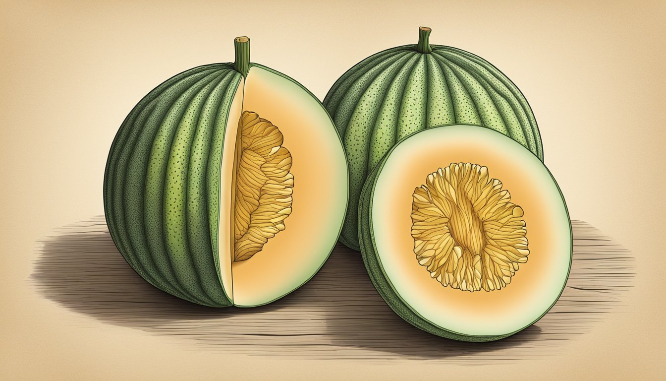 A charentais melon sits on a wooden surface, its skin covered in a network of raised, symmetrical ridges. The fruit feels heavy for its size, and the skin yields slightly when pressed, indicating ripeness