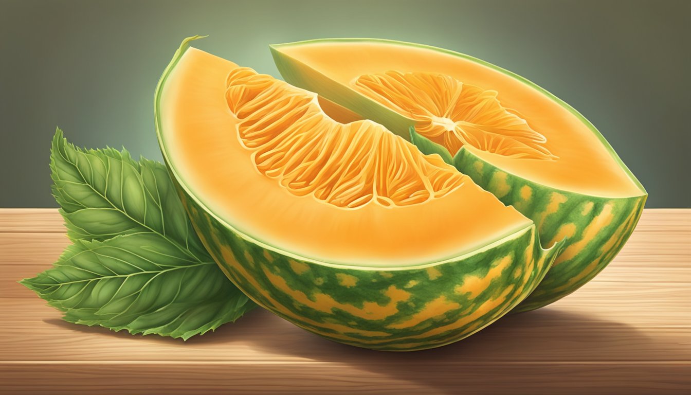 A charentais melon sits on a wooden table, emitting a sweet aroma. Its skin is a vibrant orange with a slight softness when gently pressed