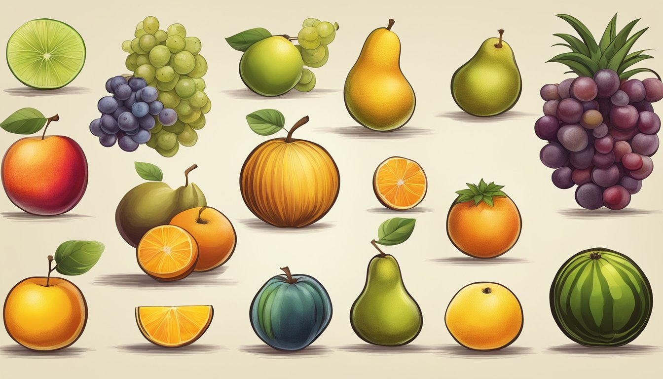 A variety of fruits at different stages of ripeness, with vibrant colors and varied textures, arranged on a wooden table