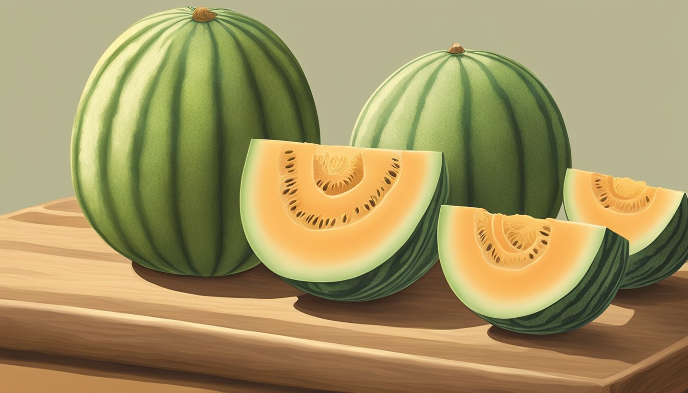 A ripe Charentais melon sits on a wooden cutting board next to other melons. The Charentais is small, round, and has a smooth, tan-colored skin with subtle ridges. The stem end should give slightly when pressed