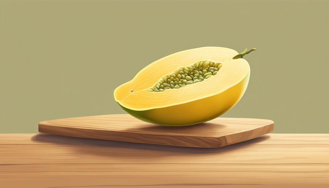 A ripe canary melon sits on a wooden cutting board, its vibrant yellow skin slightly soft to the touch. The sweet aroma fills the air