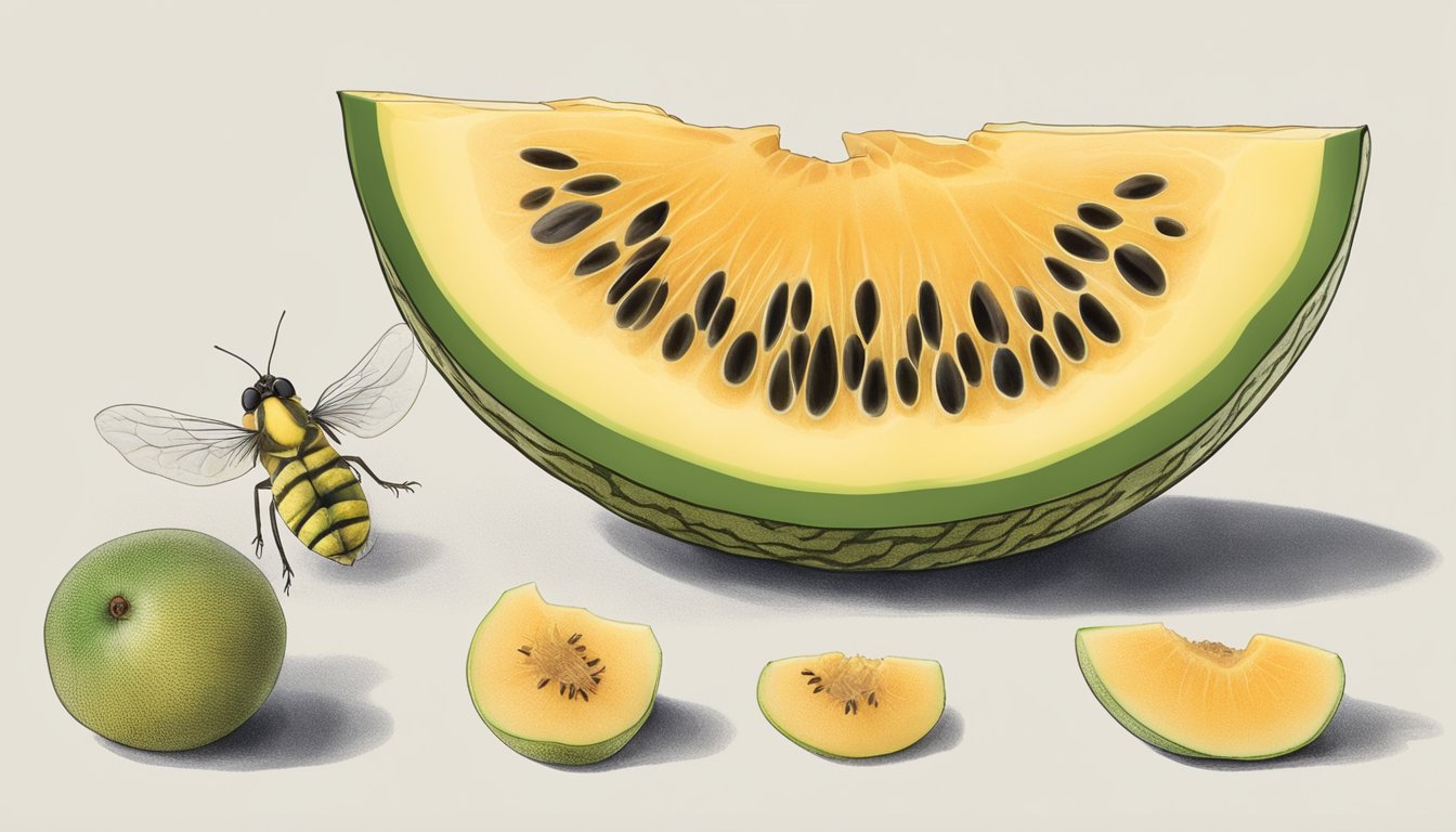 A canary melon cut open, with the flesh appearing overly soft and discolored, surrounded by a few fruit flies