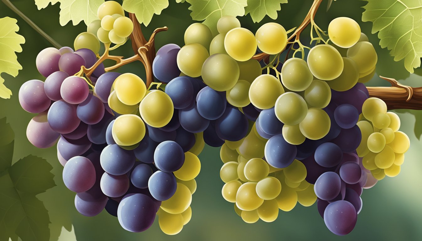 A cluster of muscat grapes hangs from the vine, showing a golden hue and a slight softness when gently squeezed. The sweet aroma of ripe fruit fills the air