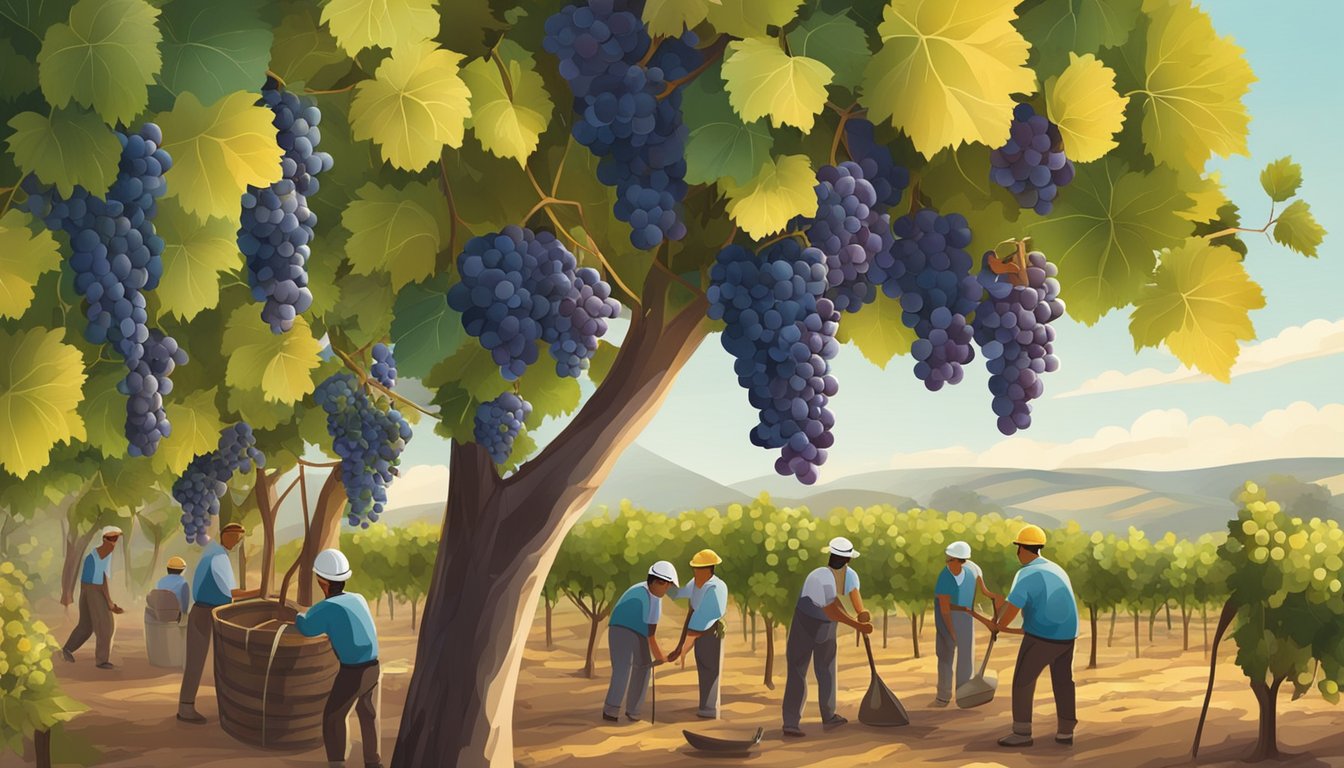 A vineyard with ripe muscat grapes hanging from the vines, surrounded by workers using various harvesting tools