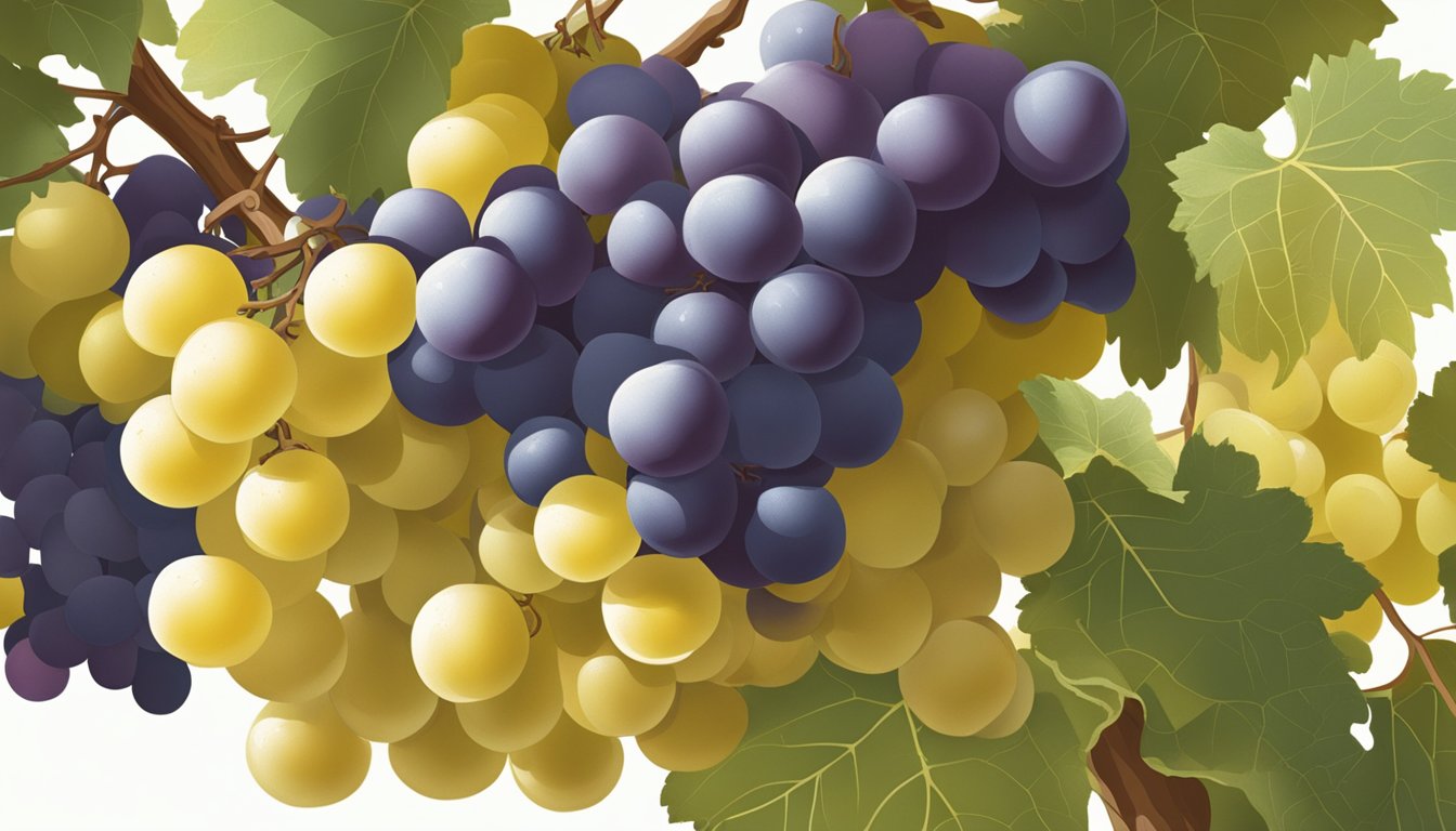 A cluster of muscat grapes hangs from the vine, showing a golden-yellow color and a slight plumpness, indicating ripeness