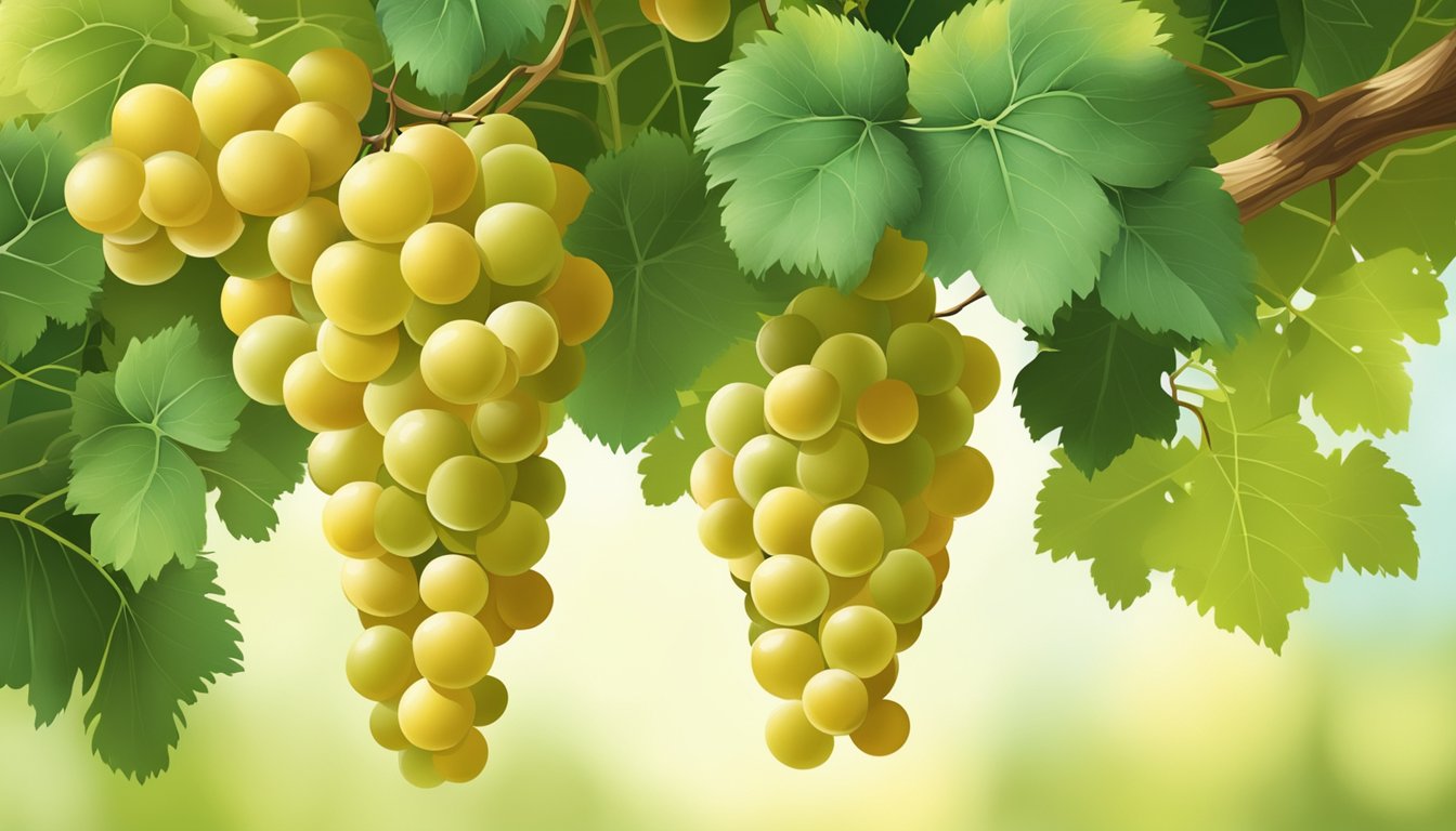 A cluster of ripe muscat grapes hanging from a vine, with vibrant green leaves and a few plump, golden yellow grapes ready for picking