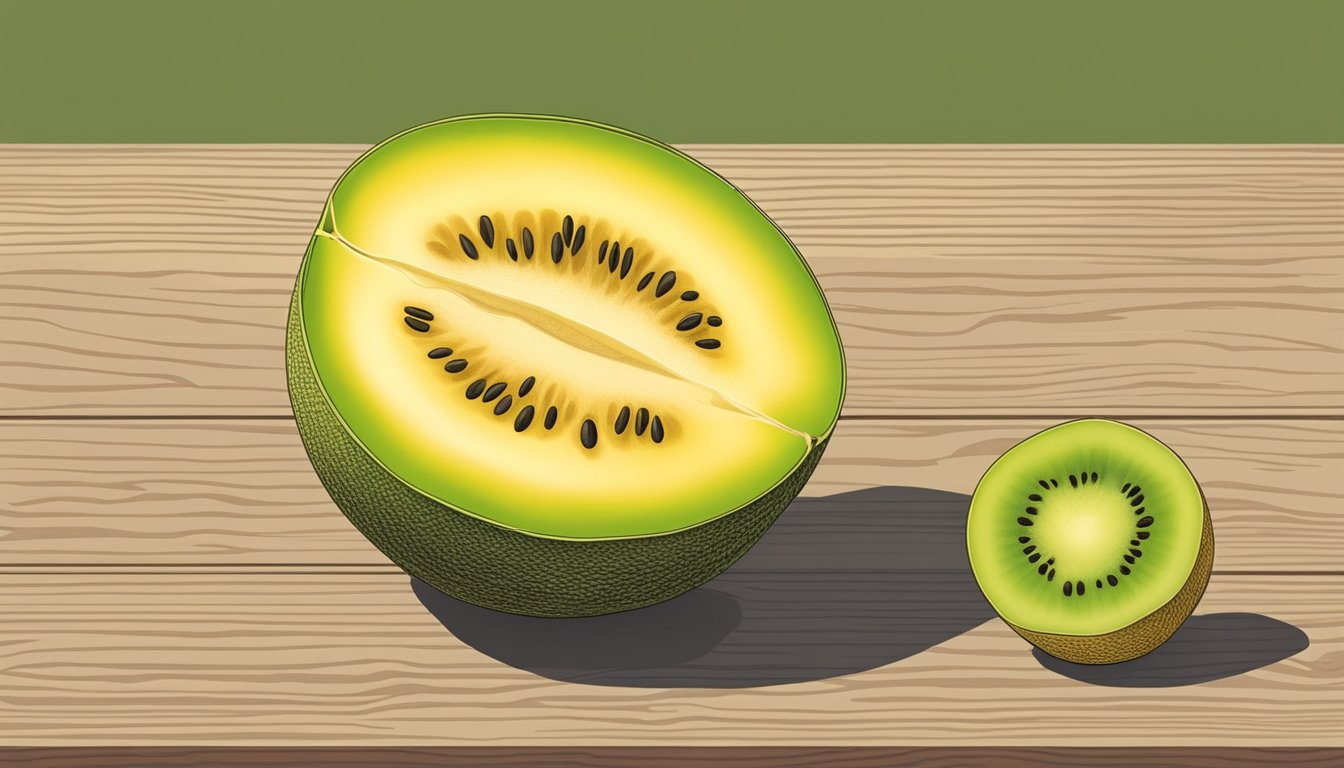 A crenshaw melon sits on a wooden surface, its skin a vibrant yellow with hints of green. The surface is slightly bumpy to the touch, indicating ripeness