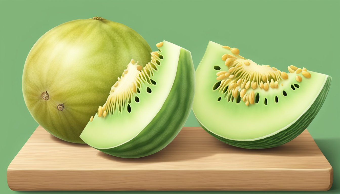 A ripe Crenshaw melon sits on a wooden cutting board, its smooth, pale green skin giving way slightly under gentle pressure. The sweet aroma of the melon fills the air