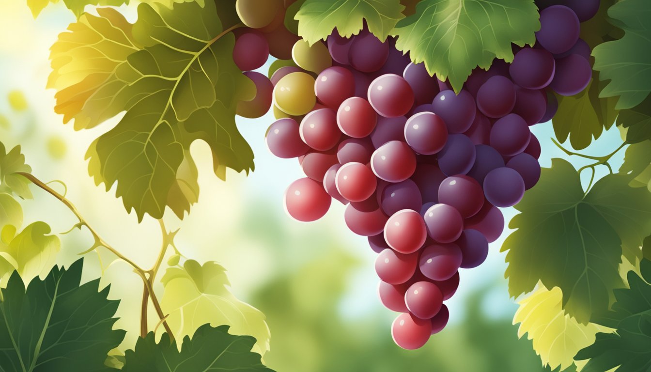 A cluster of crimson seedless grapes on the vine, with plump, deep red fruits and green stems, surrounded by leaves and dappled sunlight