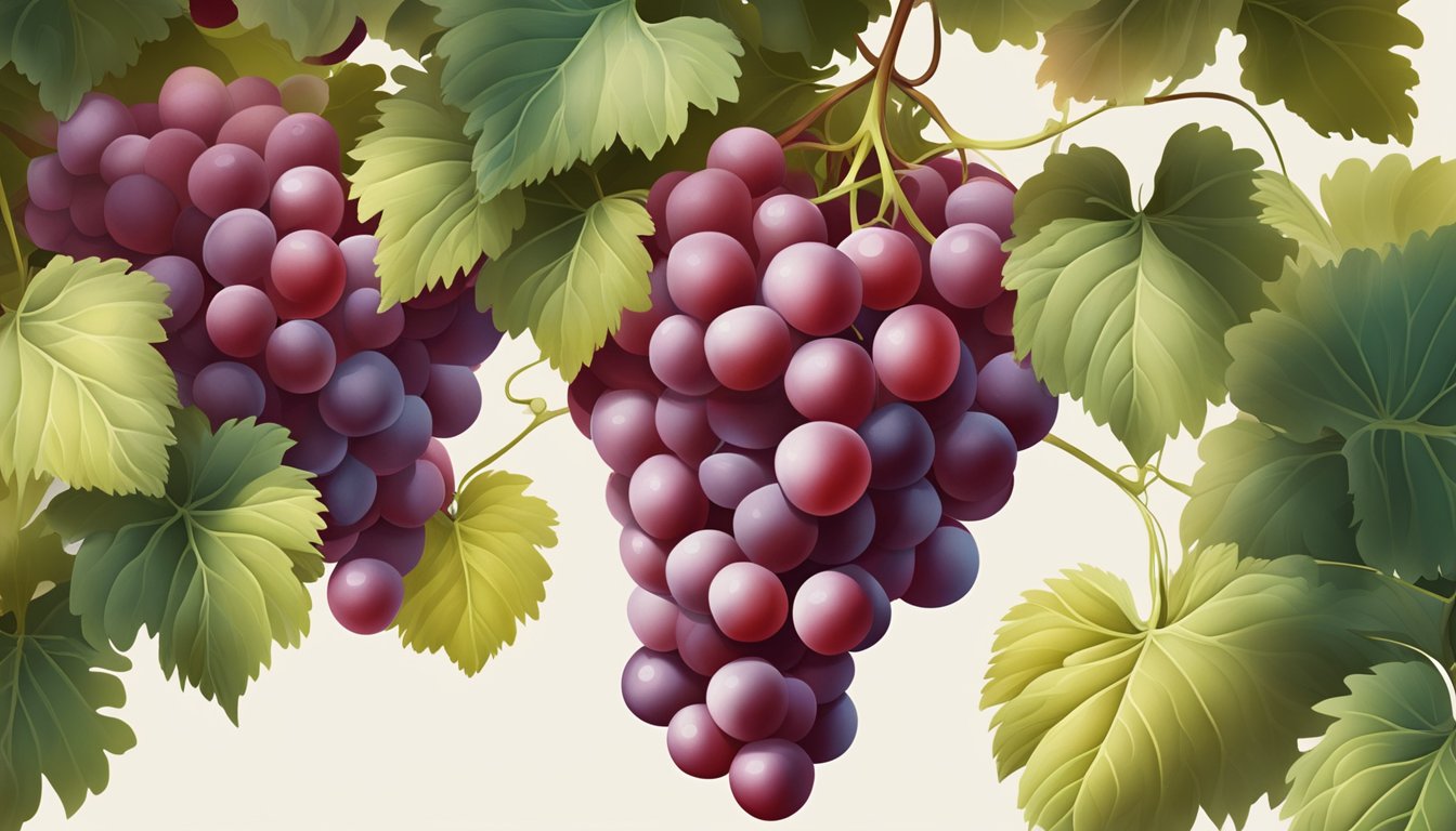 A cluster of crimson seedless grapes hanging on the vine, plump and firm with a deep red color and a slight bloom on the skin