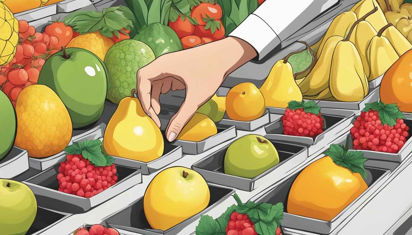 A hand selecting a ripe oro blanco from a display of various fruits at a grocery store