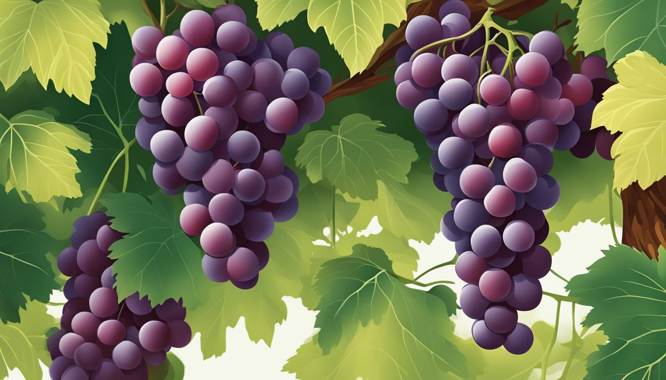 A cluster of crimson seedless grapes on a vine, with plump, deep red grapes surrounded by green leaves, ready for harvest