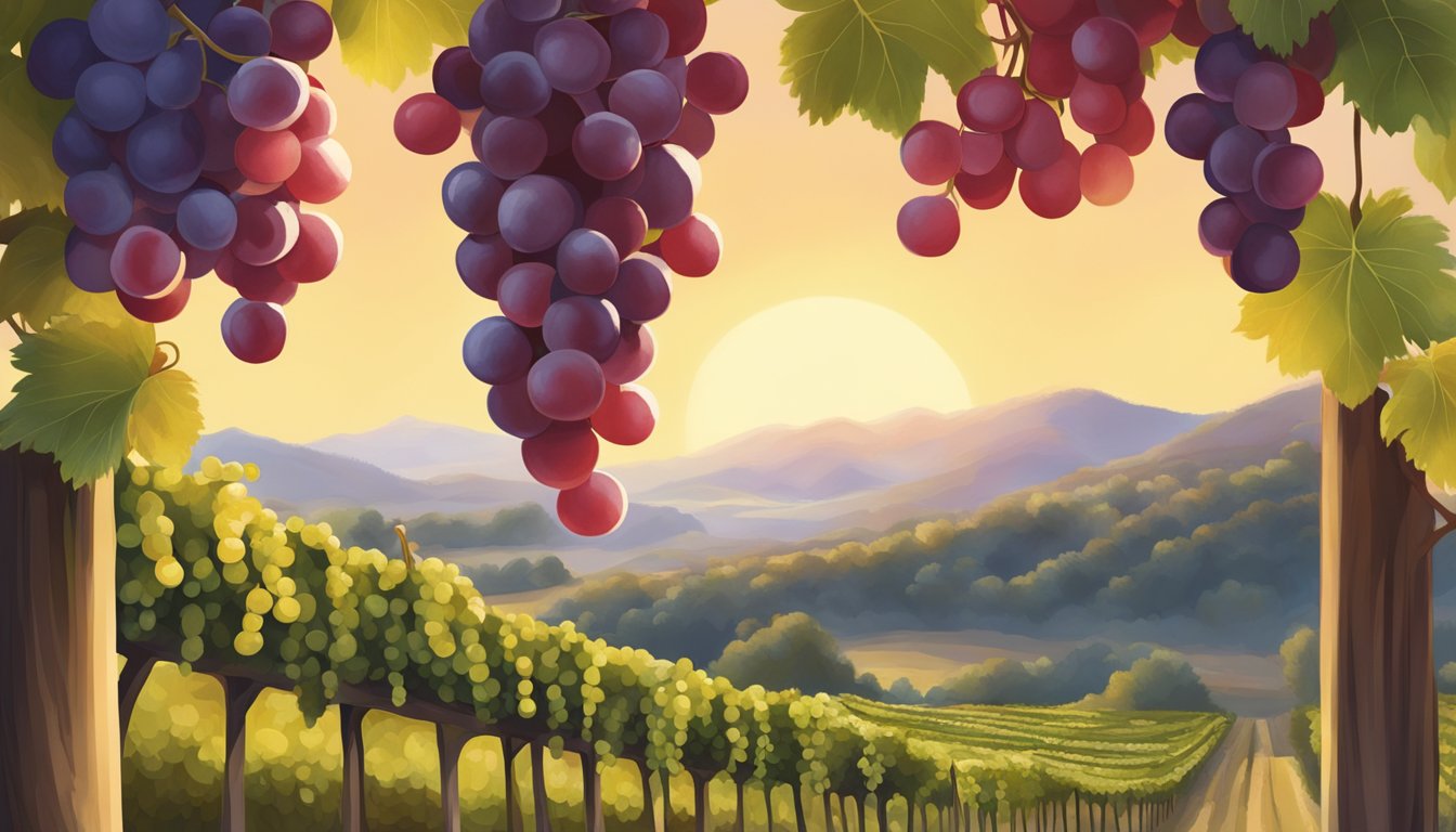 A bunch of crimson seedless grapes, plump and deep red, hanging from a vine in a sunlit vineyard