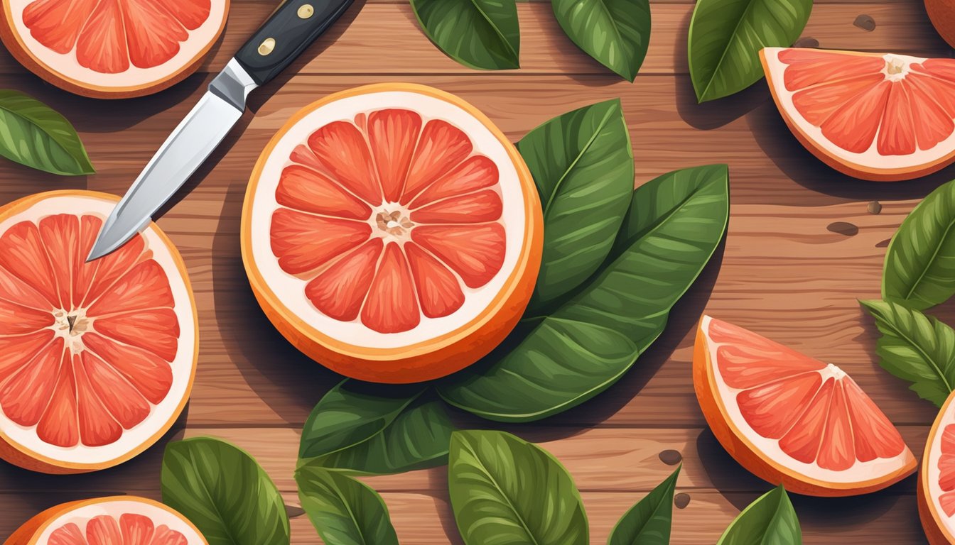 A ripe ruby red grapefruit sits on a wooden cutting board, surrounded by scattered grapefruit leaves and a small knife