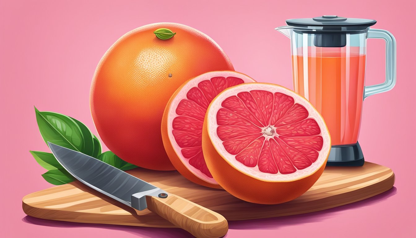 A ripe ruby red grapefruit, with vibrant pink flesh and a sweet citrus aroma, sits on a cutting board next to a knife and a juicer