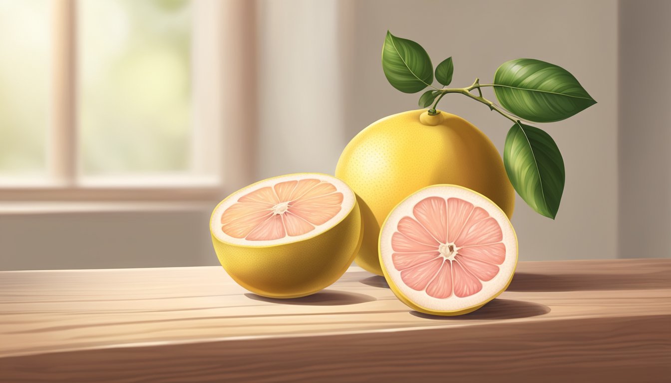 A ripe white grapefruit sits on a wooden table, its skin a pale yellow with a slight blush of pink. The fruit is plump and firm to the touch, with a fragrant citrus aroma