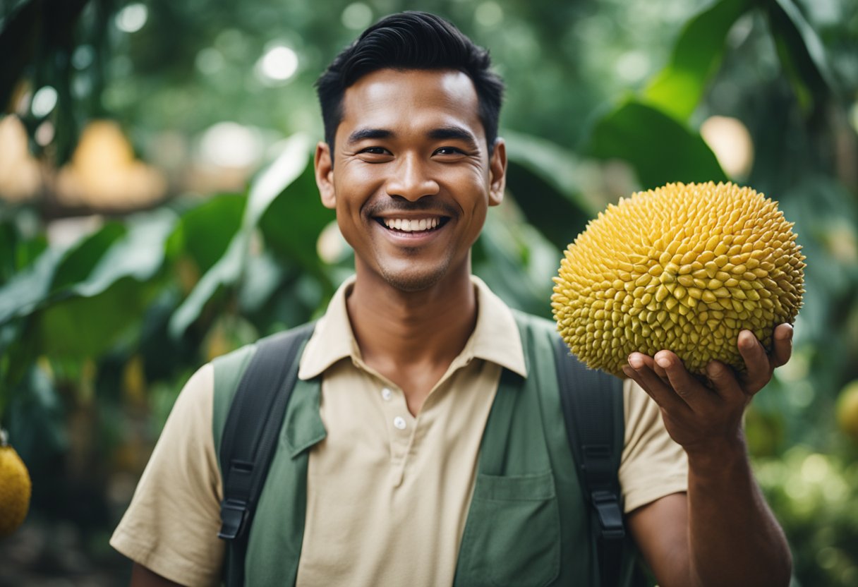 A man holding a ripe jackfruit and smiling