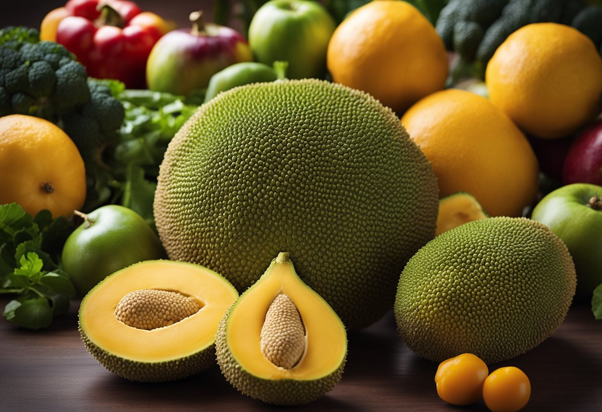 A ripe jackfruit surrounded by various fruits and vegetables, with a nutrition label and a male symbol in the background