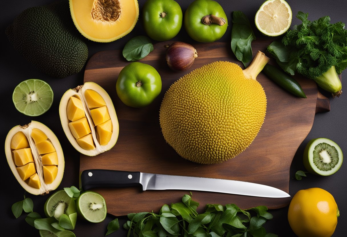 A ripe jackfruit surrounded by various fruits and vegetables, with a chef's knife and cutting board nearby