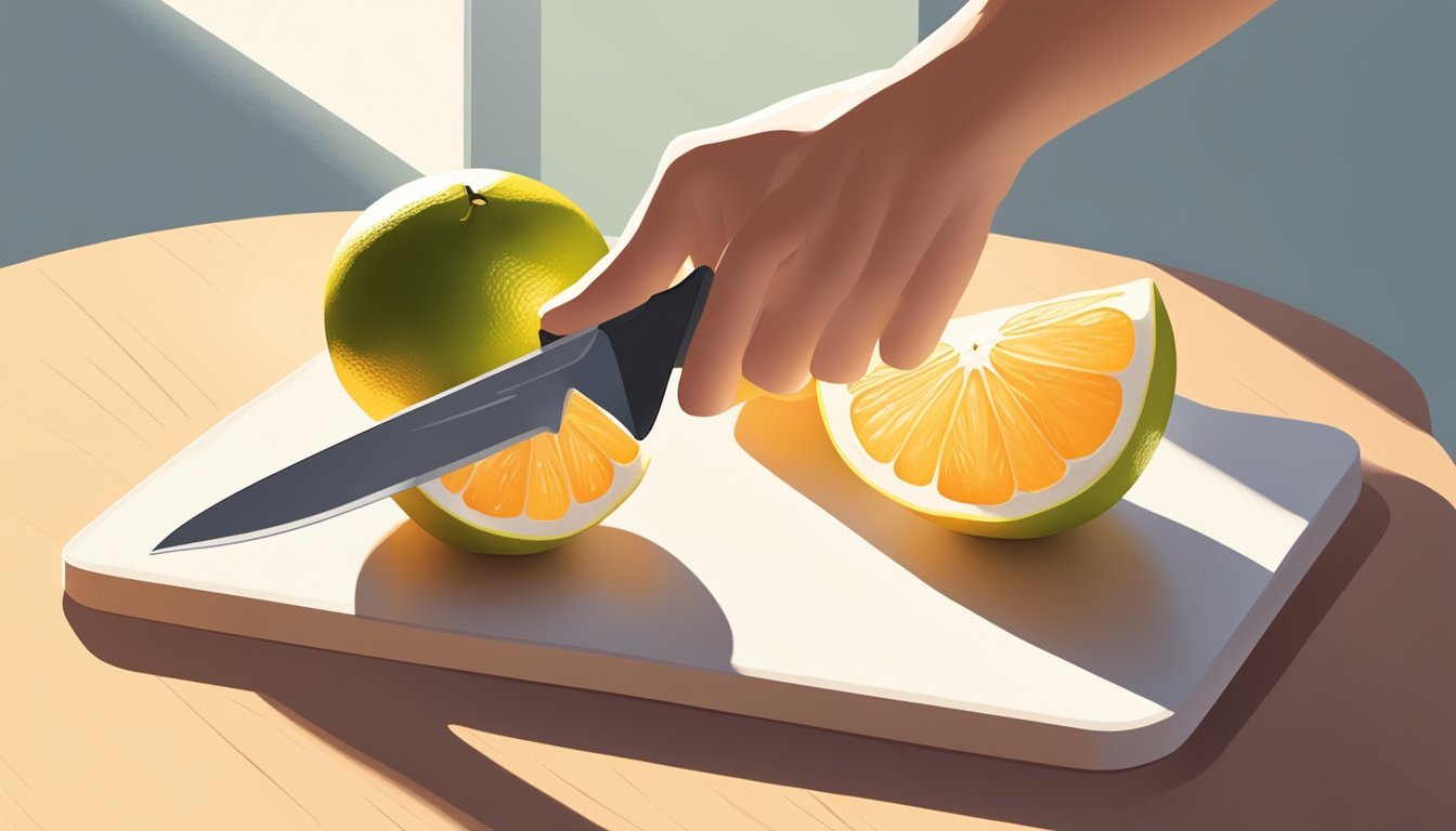 A hand holding a white grapefruit, pressing gently to test ripeness. A knife and cutting board are nearby. Sunlight streams through a window