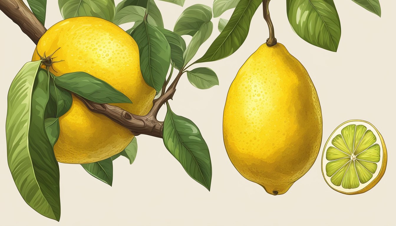 A vibrant, yellow citron hangs from a tree branch, its skin smooth and slightly dimpled. Nearby, a knife slices into the fruit, revealing juicy, ripe flesh