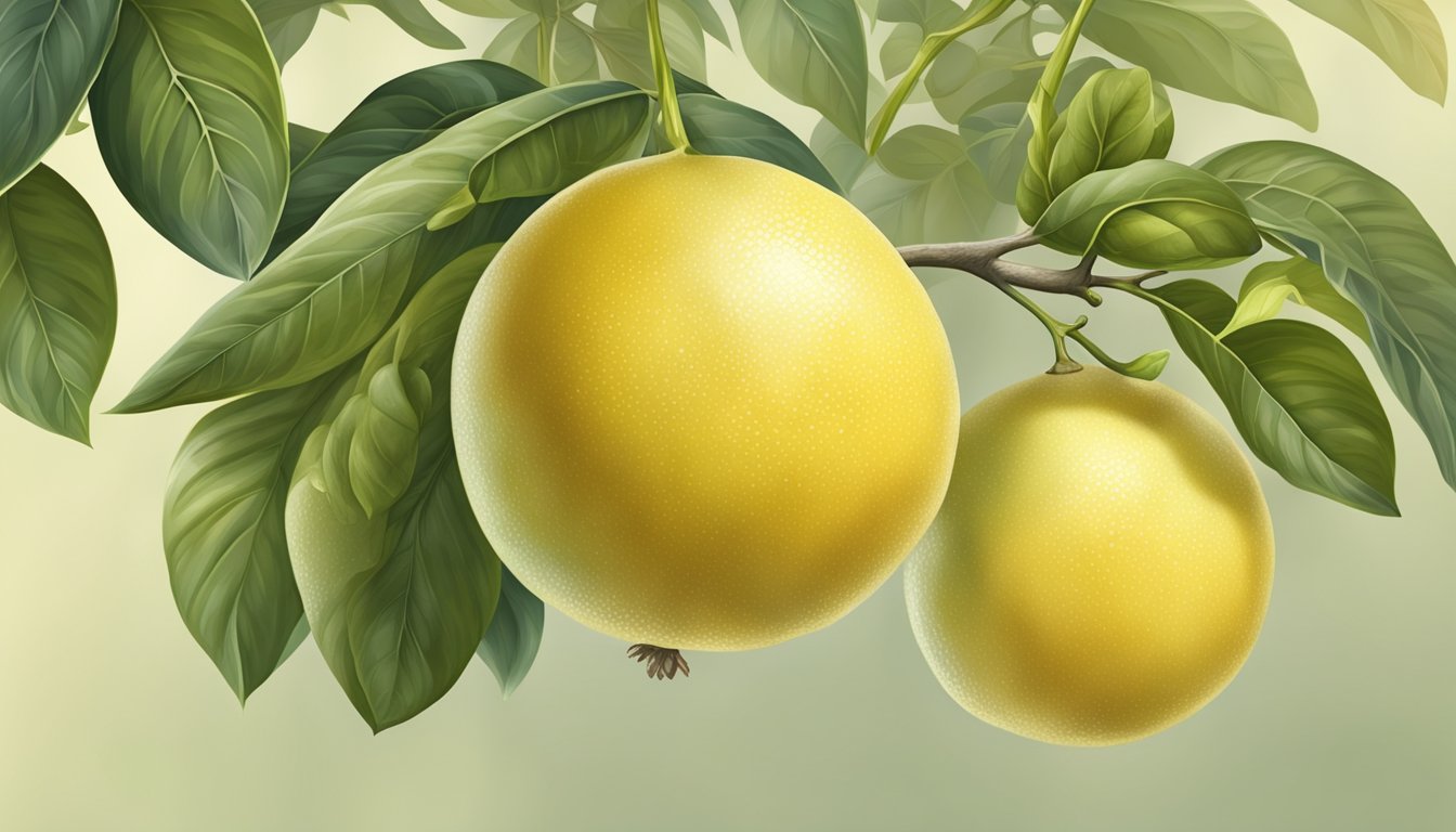 A ripe white grapefruit hanging from the tree, with a pale yellow color and slightly firm texture