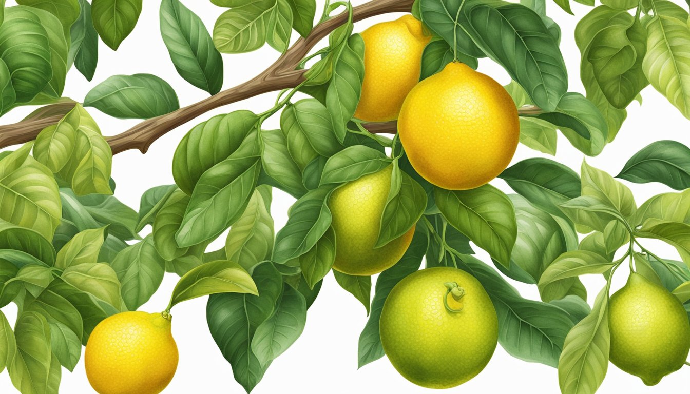 A ripe citron hangs from a branch, surrounded by vibrant green leaves. The fruit is large, with a thick, bumpy rind and a bright yellow color