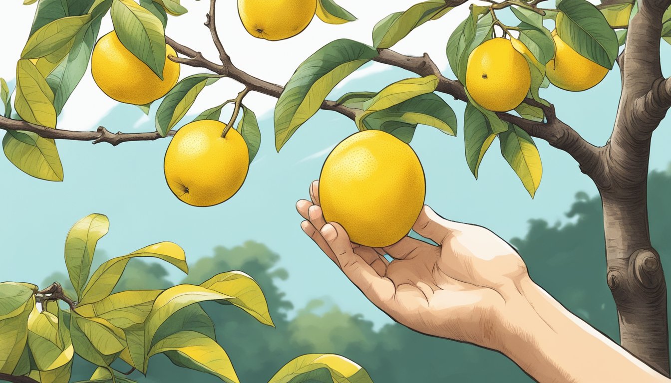 A hand reaching for a bright yellow yuzu fruit hanging from a tree branch. The fruit is plump and slightly soft to the touch