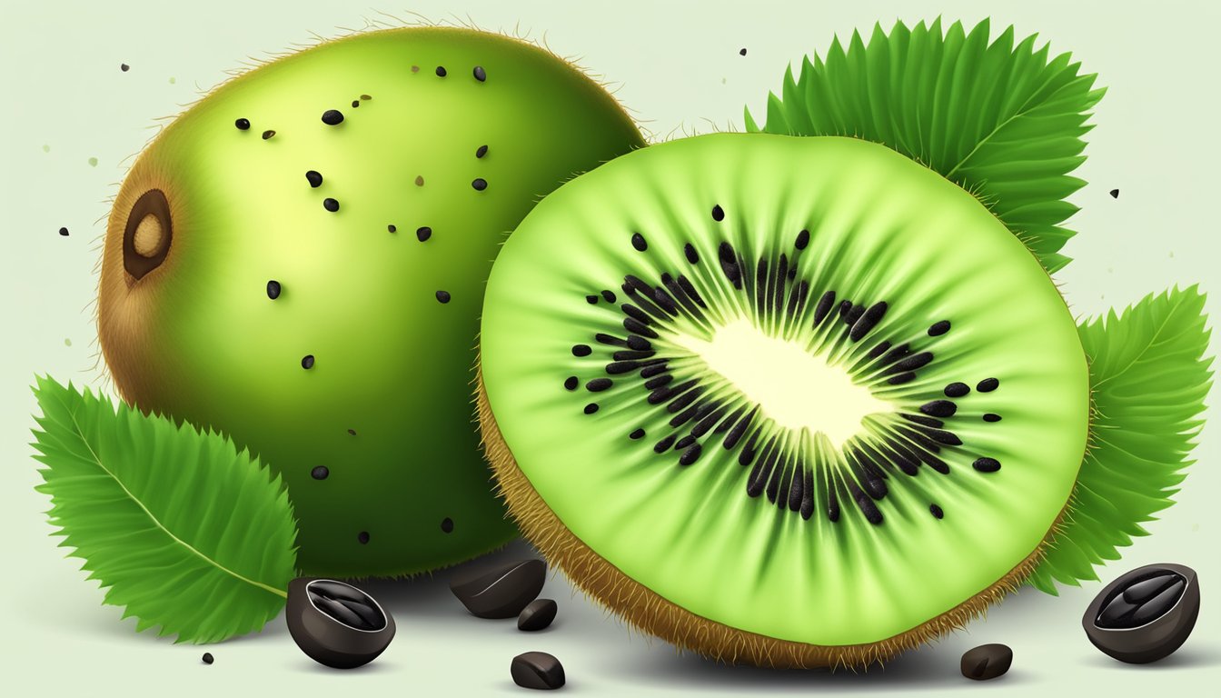 A kiwifruit cut in half, vibrant green flesh with small black seeds, surrounded by a few whole kiwifruits