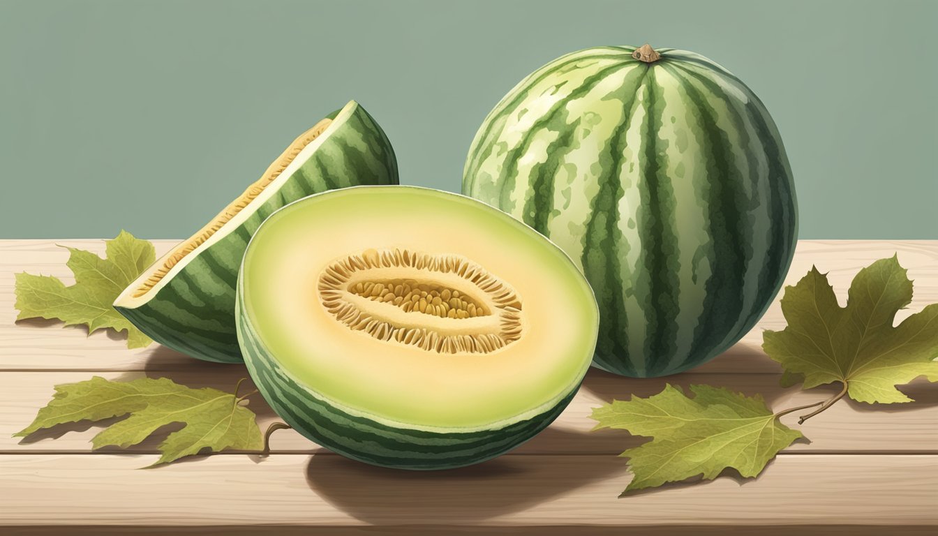 A casaba melon sits on a wooden table, its pale yellow skin mottled with patches of light green. The melon is surrounded by a few fallen leaves and a small knife, ready to be cut open for assessment