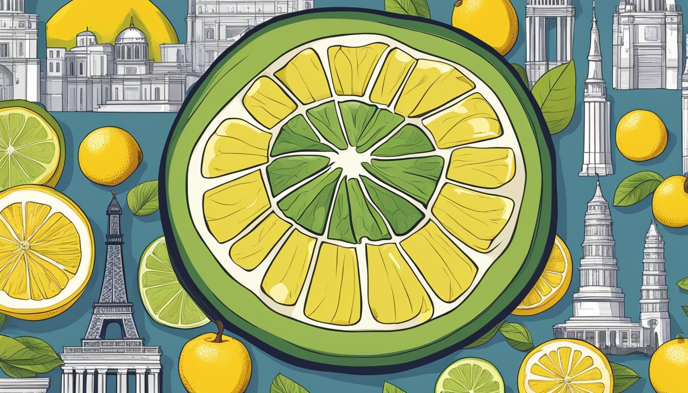 A vibrant yuzu fruit surrounded by various international landmarks, with one half cut open to reveal its juicy, ripe interior