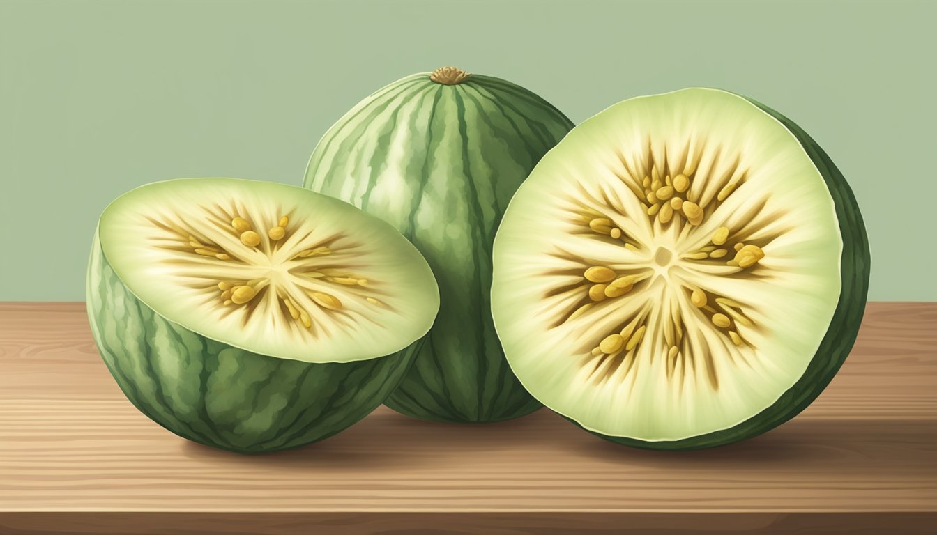 A casaba melon sits on a wooden table, its pale green skin showing slight yellowing and a sweet aroma. The stem end yields slightly to gentle pressure