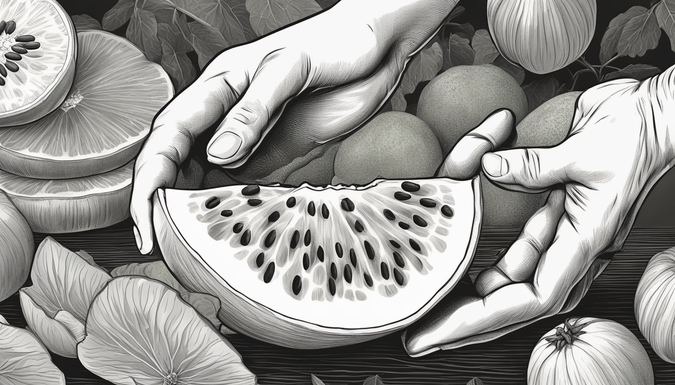 A hand reaching for a casaba melon, pressing gently to check for firmness, with a yellowish skin and a sweet aroma