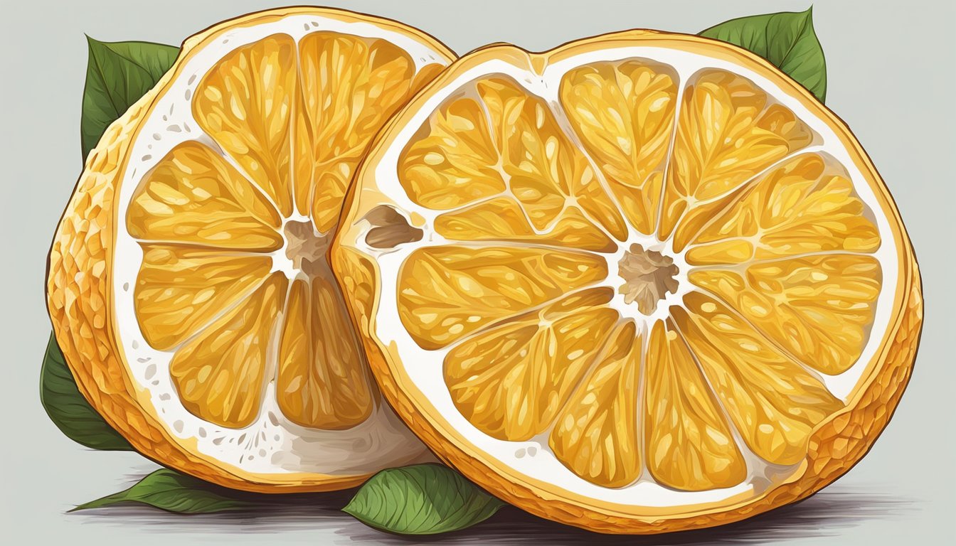 An ugli fruit cut open, revealing juicy, ripe flesh and vibrant orange segments