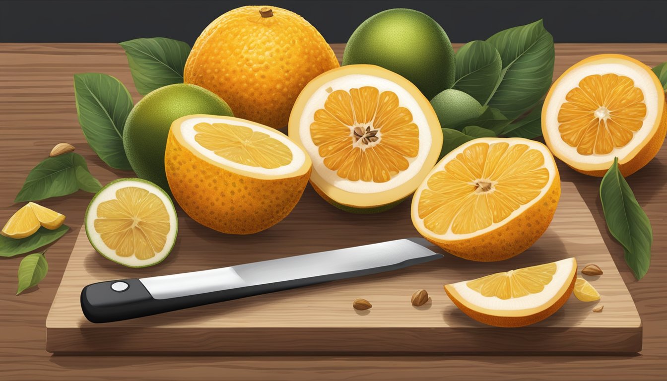 An ugli fruit cut in half, showing bright orange flesh with a few seeds, surrounded by a few whole ugli fruits on a wooden cutting board