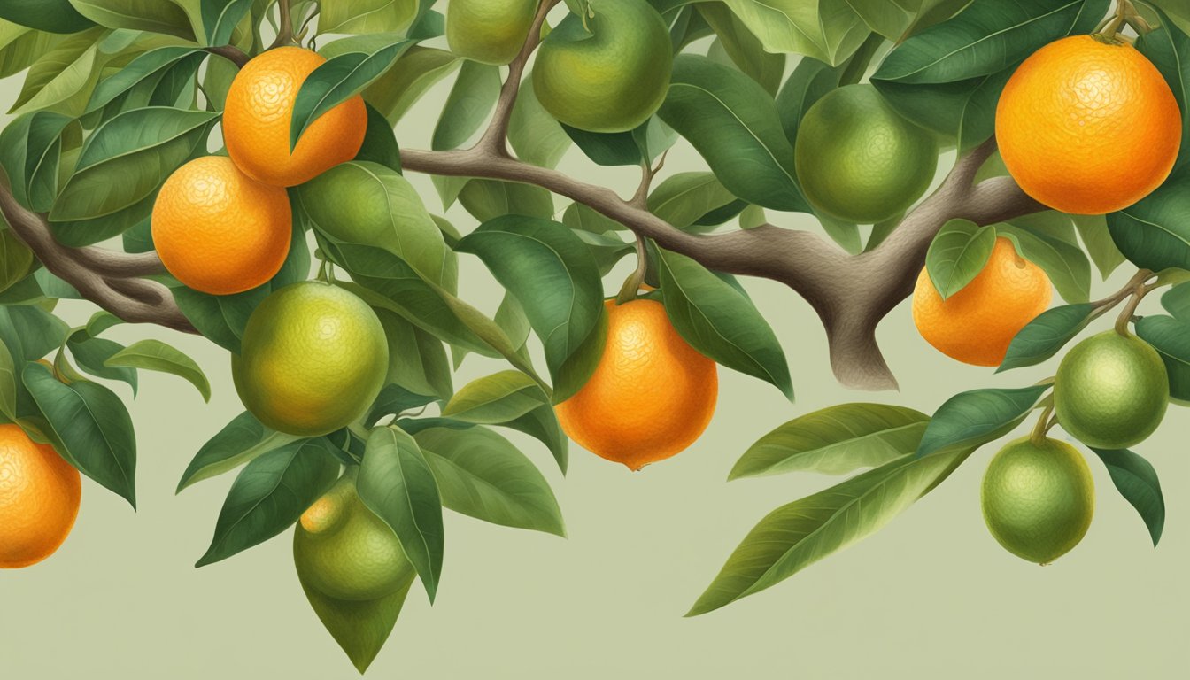 A tangelo tree with ripe fruit hanging from the branches, some showing a vibrant orange color and a slight softness when gently pressed