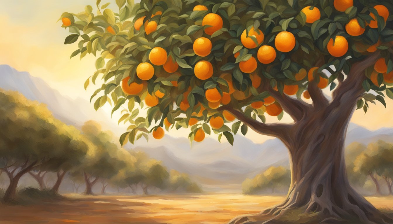 A lush tangelo tree bathed in sunlight, with ripe fruit hanging from the branches, showcasing vibrant orange hues and a slight softness to the touch