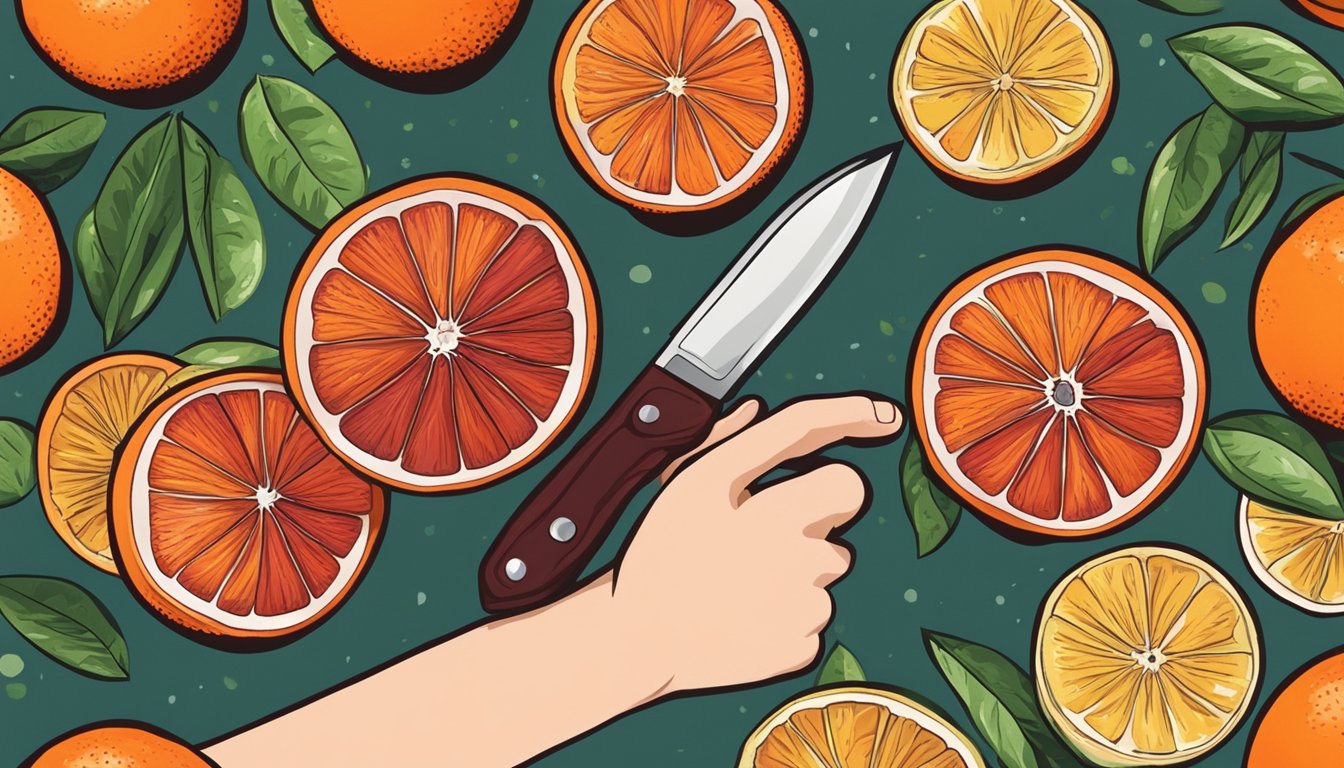 A hand holding a blood orange next to other citrus fruits, with a knife slicing into the ripe blood orange to reveal its deep red color and juicy interior